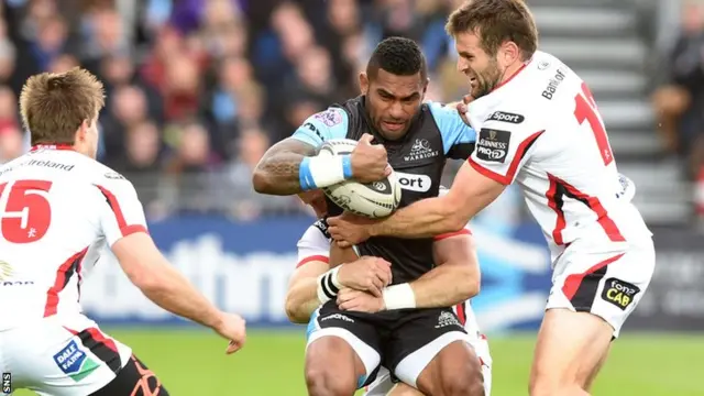 Niko Matawalu is held up by a clutch of Ulster bodies