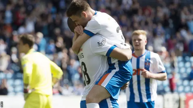 Greg Kilite (right) celebrtaes with Kilmarnock team-mate Josh Magennis after giving his side the lead