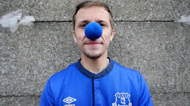 A blue-nosed Evertonian prior to their game against Spurs