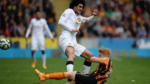 Marouane Fellaini makes a challenge he's sent off for