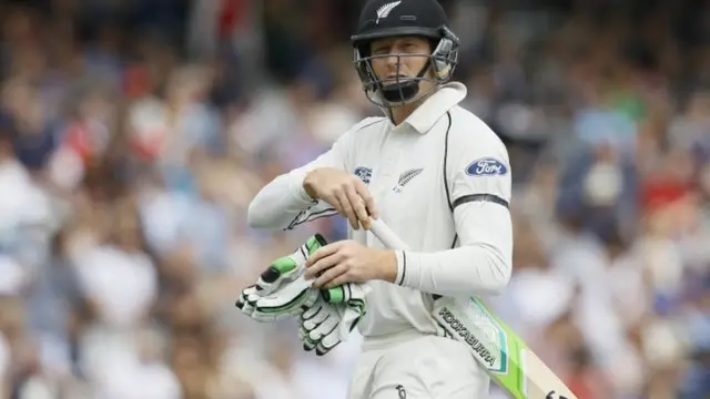 Martin Guptill leaves the field after being bowled out