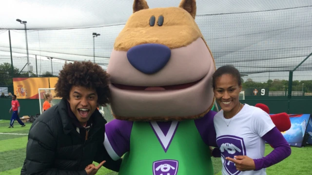 Blue Peter presenter, Radzi, with Rachel Yankey and Pickles, one of the CBeebies Footy Pups