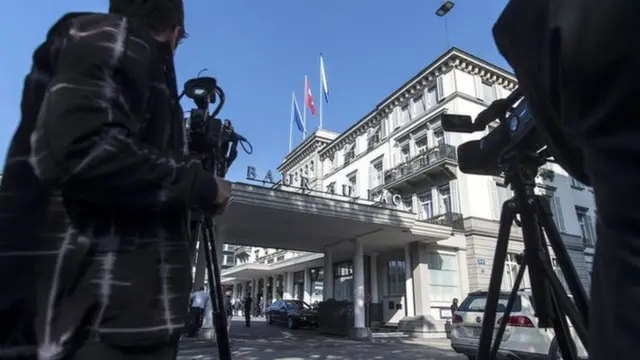 Media outside Baur au Lac hotel in Zurich