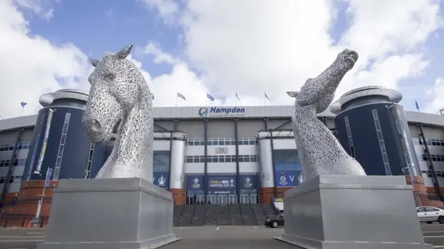 The Kelpies outside Hampden Stadium