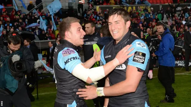 Glasgow Warriors' Duncan Weir celebrates with DTH van der Merwe at full time