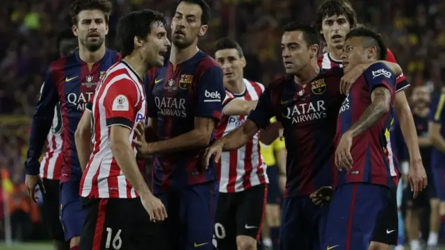 Neymar is confronted by Bilbao players