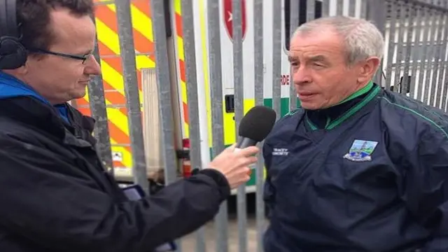 BBC Sport NI presenter Austin O'Callaghan interviews Femanagh manager Peter McGrath