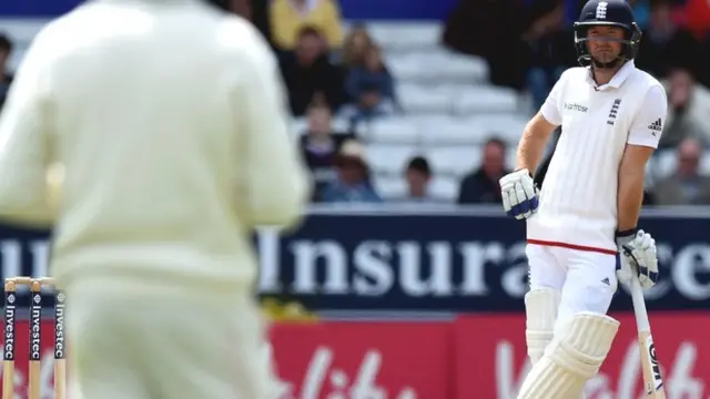 Adam Lyth rests on his bat earlier in the day