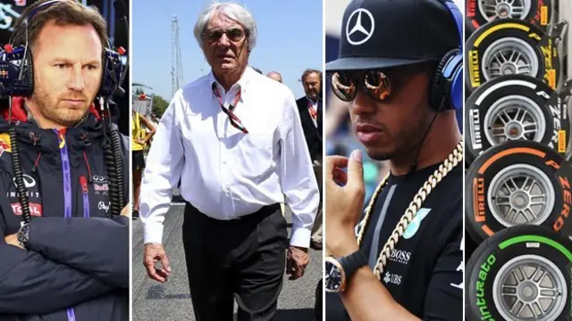 Horner, Ecclestone, Hamilton, tyres, Getty