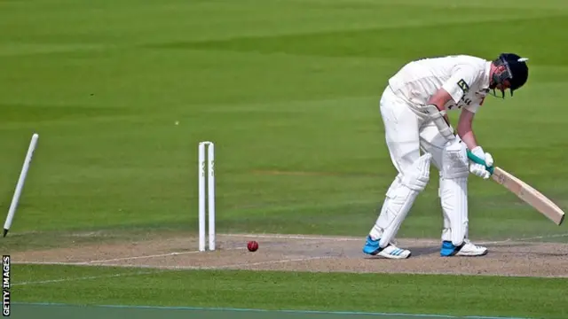 Sussex bowler Steve Magoffin is bowled for a duck on day three against Warwickshire at Hove