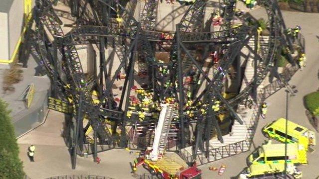 Still from aerial footage of Alton Towers rollercoaster crash