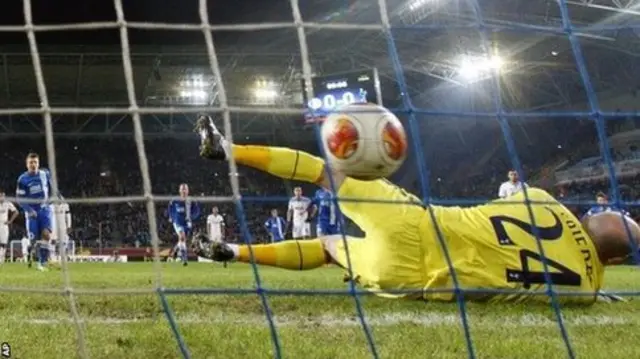 FC Dnipro's Yevhen Konoplyanka scores for Dnipro against Tottenham