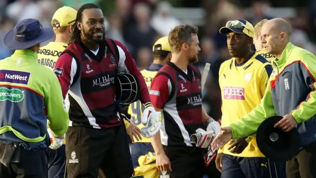 Chris Gayle shakes hands at the end of yet another superb innings