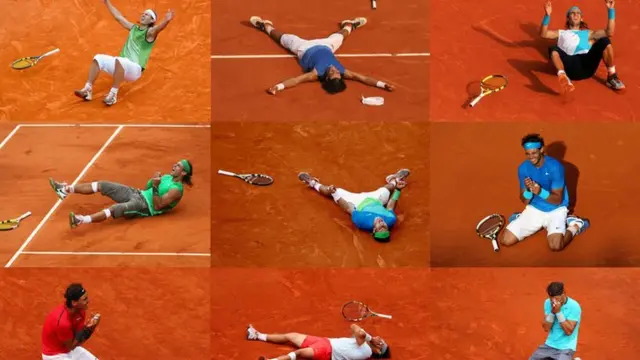 Rafael Nadal celebrating each of his 9 French Open victories