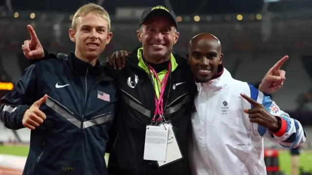 Mohamed Farah celebrates with Galen Rupp of the United States and coach Alberto Salazar