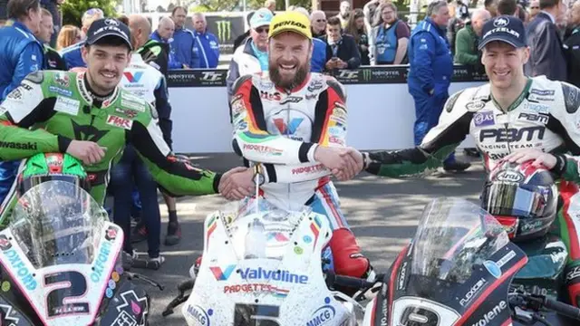 James Hillier, winner Bruce Anstey and Ian Hutchinson after the Superbike race