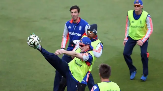 England captain Eoin Morgan tries to control the ball during training