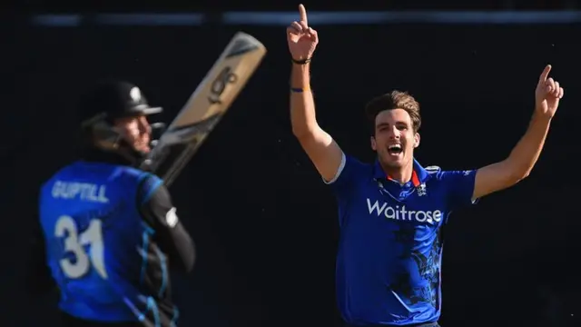 Steven Finn celebrates wicket of Martin Guptill