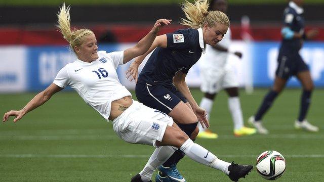 France's Amandine Henry is tackled by England's Katie Chapman