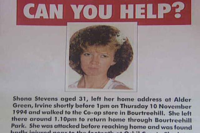 Printed out appeal poster from the time of Shona Stevens murder, showing a picture of a woman with very curly red hair, reading "CAN YOU HELP? Shona Stevens aged 31, left her home address at Alder Green, Irvine shortly before 1pm on Thursday 10 November 1994 and walked to the Co-op store in Bourtreehill. She left there around 1.10pm to return home through Bourtreehill Park. She was attacked before reaching home and was found badly injured near to the footpath at Ochil Court. She later died in hospital"