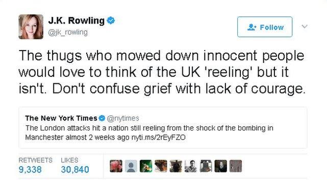 JK Rowling tweet says the UK is not 'reeling' - Don't confuse grief with lack of courage she says.