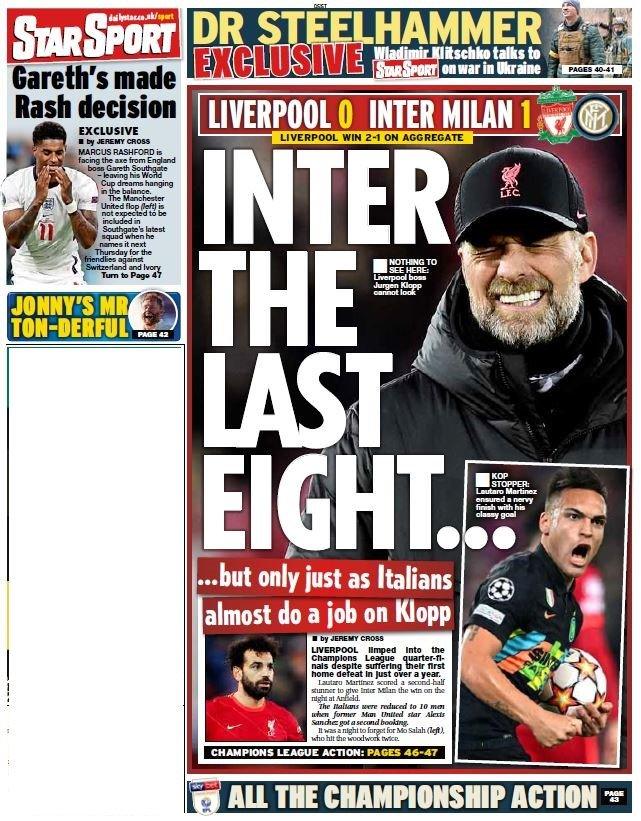 Wednesday's Star back page: Inter the last eight