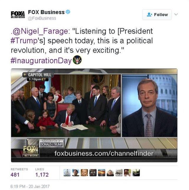 Tweet from Fox Business featuring Nigel Farage