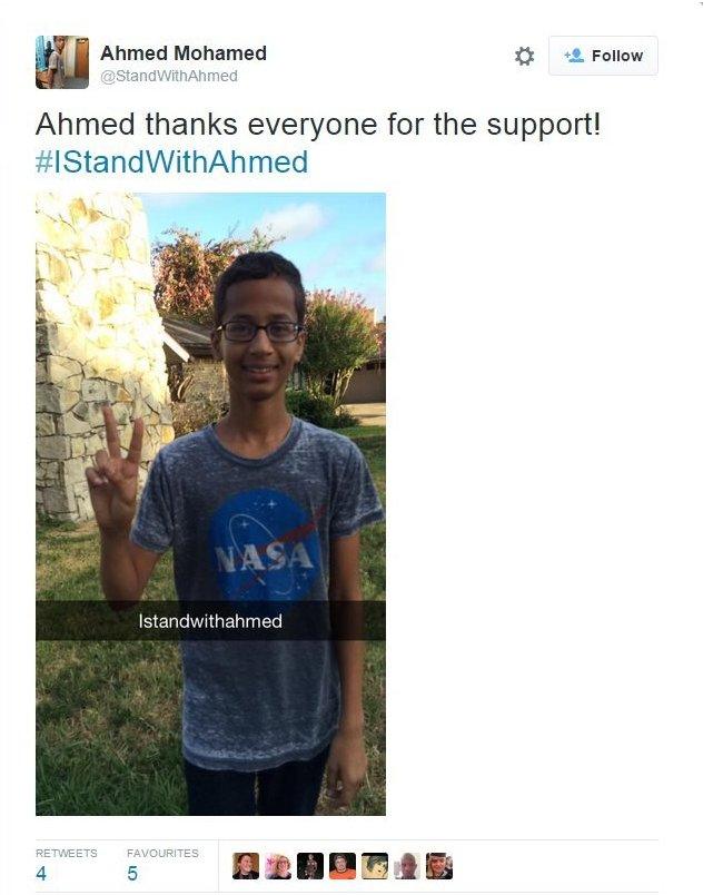 @StandWithAhmed tweet reads: "thanks everyone for the support! #IStandWithAhmed"