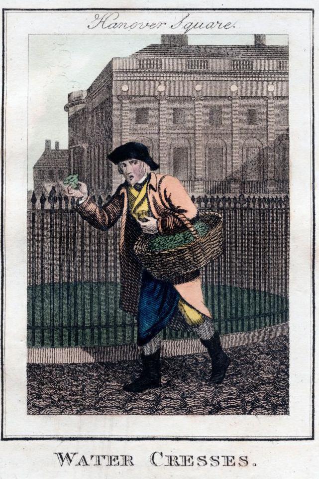 An 1805 copper plate representing the itinerant watercress seller. A man with a basket of watercress and a hat holds some watercress as he walks over cobbles