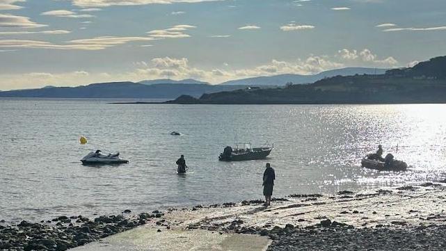 Truck in the sea, with owner looking on 