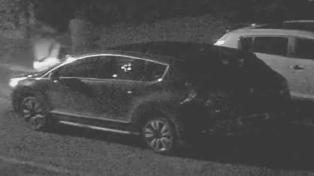 A black and white CCTV image of an estate style car 