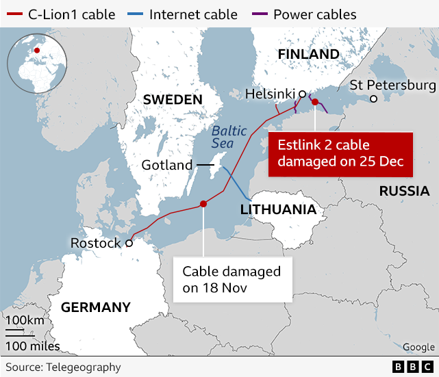 Map showing damaged cables in the Baltic Sea