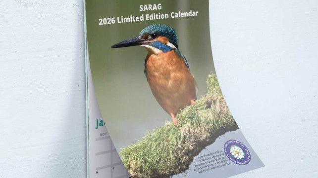 A calendar hangs on the wall. The front cover is of colourful bird with an orange breast and blue feathers standing on a mossy branch