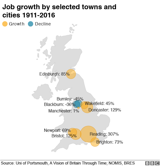 Map of jobs growth across selected towns and cities