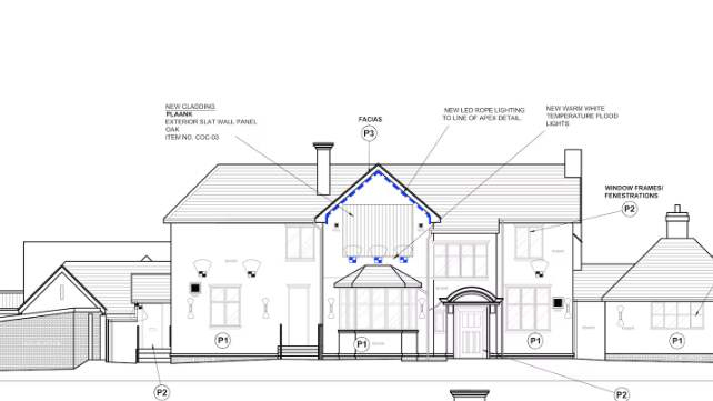 A simple sketch showing the front of the pub, with the new parts labelled.