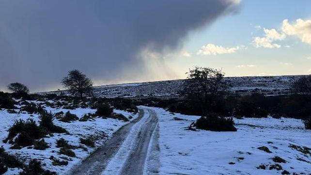 Icy road in St Breward in Cornwall