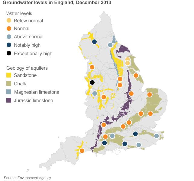 Map showing groundwater levels in England