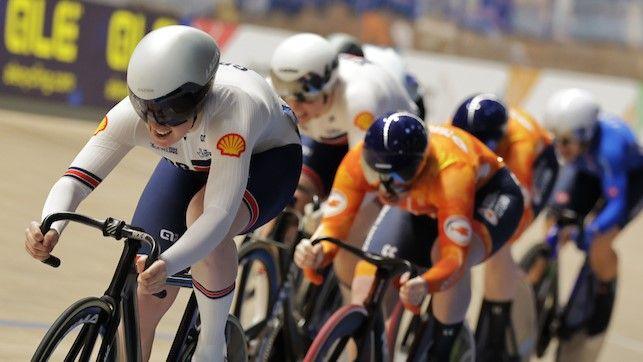 Rhian Edmunds leads the pack in the women's keirin at the European Track Cycling Championships