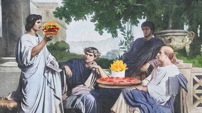 An illustration of a group of Ancient Romans with a few varieties of fast food