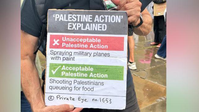 A placard that reads: "Unacceptable Palestine Action: spraying military planes with paint. Acceptable Palestine Action: shooting Palestinians queuing for food."
