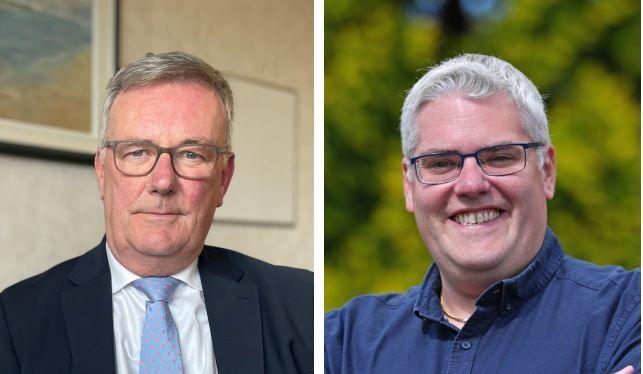 two men in fairly formal clothes; Mike Nesbitt, looking serious, is wearing a suit and tie while Gavin Robinson, who is smiling, is wearing a blue shirt. They are not photographed in the same place; this is a composite image