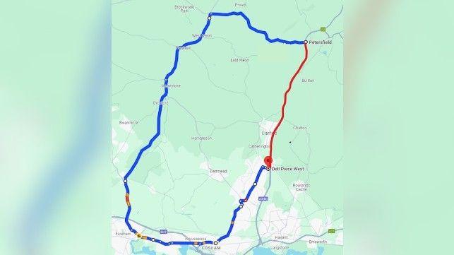 a google maps image of the A3 route that is closed and the diversion route