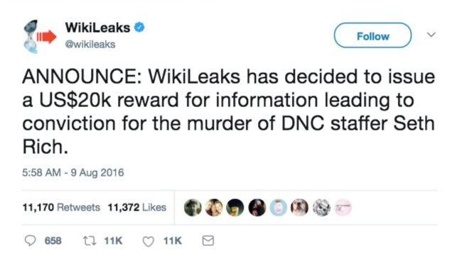 Tweet from @wikileaks reads: 'Announce: Wikileaks has decided to issue a US$20k reward for information leading to conviction for the murder of DNC staffer Seth Rich