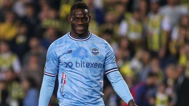 Mario Balotelli smiling during the Turkish Super League match between his side Adana Demirspor and Fenerbahce.