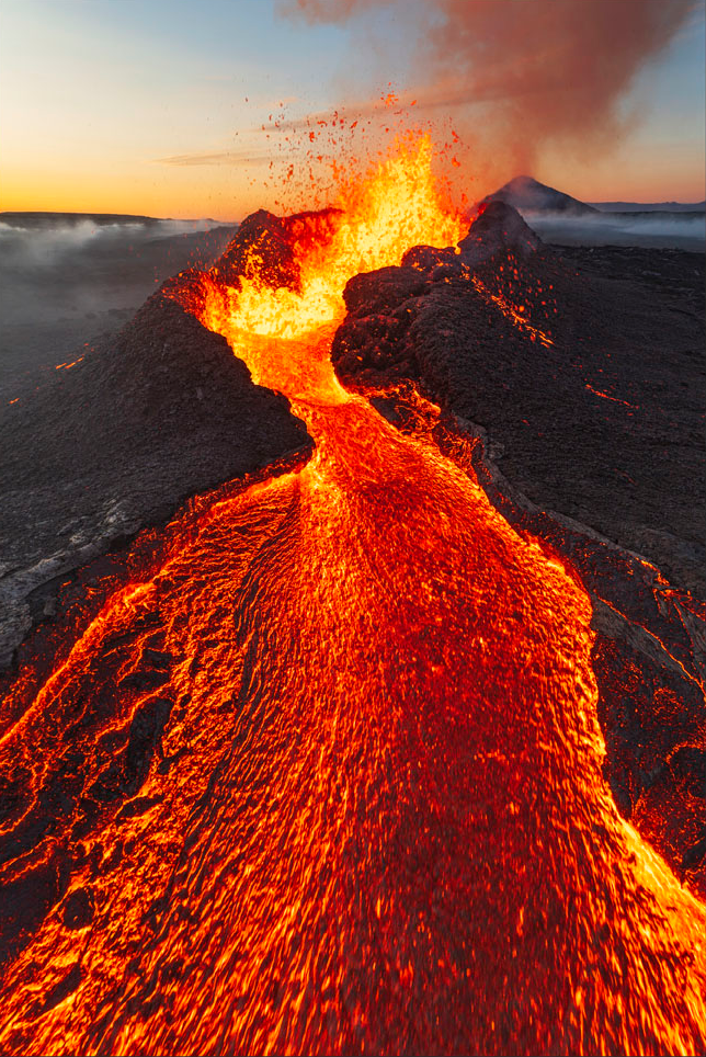 Newly formed cinder cone and associated lava river after the Litli-Hrútur eruption in Iceland.
