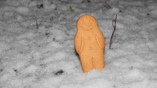 A gingerbread man standing in snow 