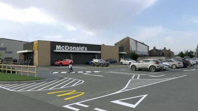 Artist impression of a new McDonalds proposed for a site in Leeds, the building is single storey with a white McDonalds sign surrounded by parking bays