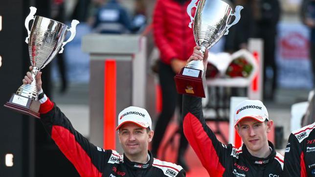 Elfyn Evans and co-driver Scott Martin celebrate finishing second in Rallye Monte Carlo in 2026