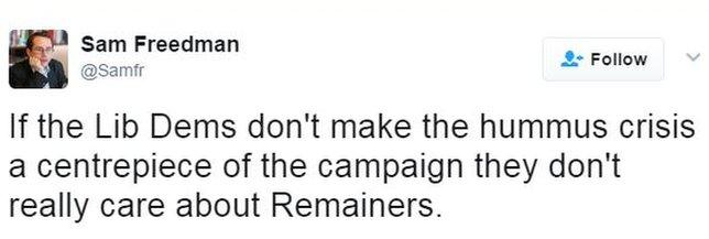 Tweet: "If the Lib Dems don't make the hummus crisis a centrepiece of the campaign they don't really care about Remainers."