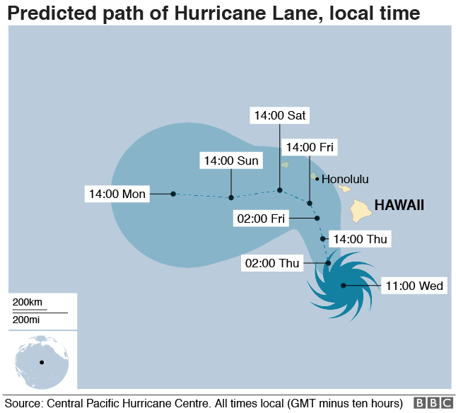 map showing the predicted path of Hurricane Lane